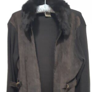 Brown sweater with suede front and removable fur collar Size L